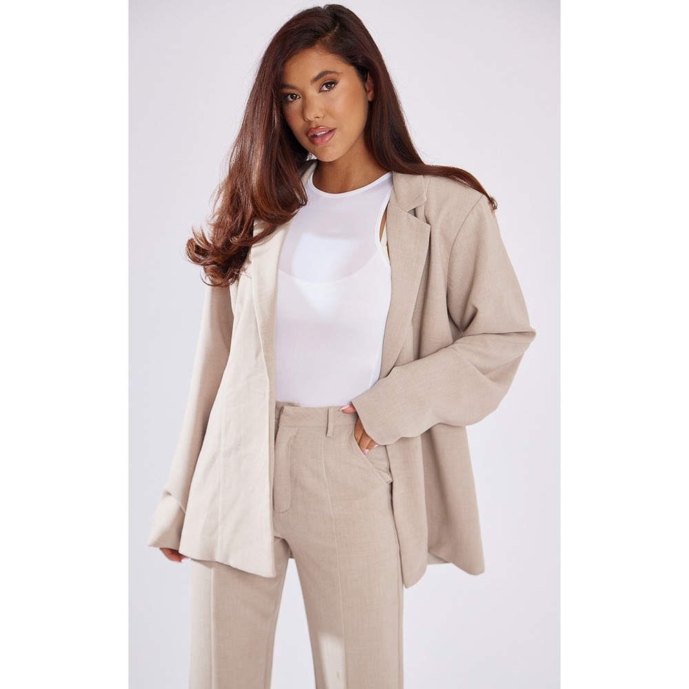 New PRETTYLITTLETHING Oatmeal Oversized Dad Blazer Womens 4 Casual Chic